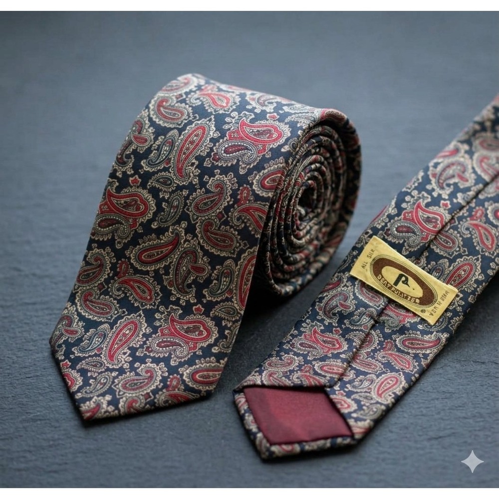 Bert Pulitzer Mens Paisley Navy Red Silk Necktie USA Made Classic Formal Tie
